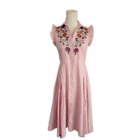 Zara Striped Poplin Midi Shirt Dress with Embroidered Flowers Size Small - Picture 3 of 8